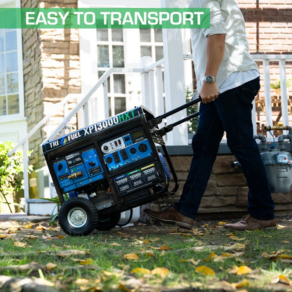 DuroMax XP13000HXT tri-fuel generator with remote start, gasoline, propane, natural gas, and CO alert features, machine in a workshop setting.