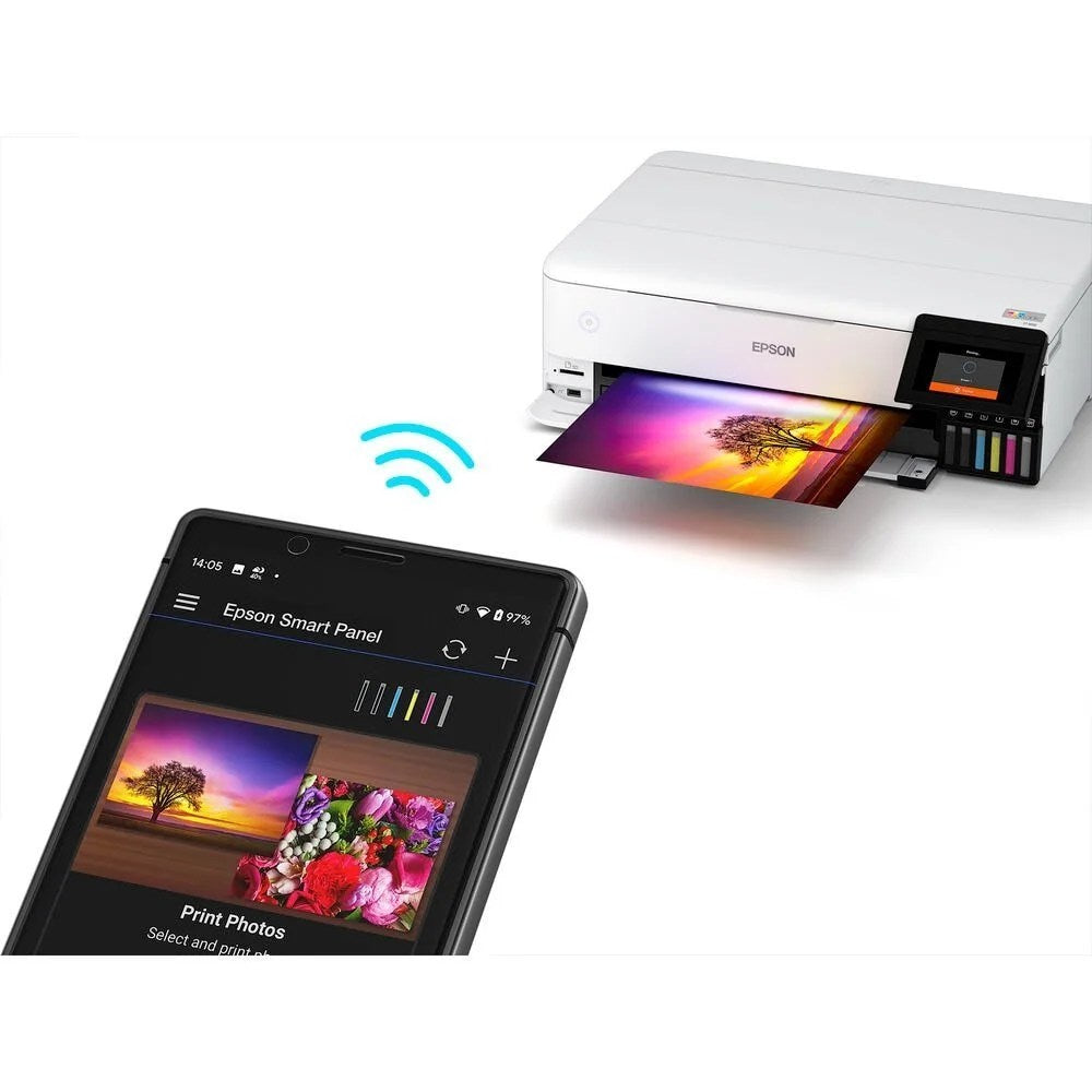 Epson EcoTank Photo ET-8550 all-in-one supertank printer with multiple paper trays and control panel, displayed on a desk.