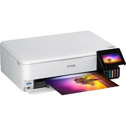 Epson EcoTank Photo ET-8550 all-in-one supertank printer with multiple paper trays and control panel, displayed on a desk.