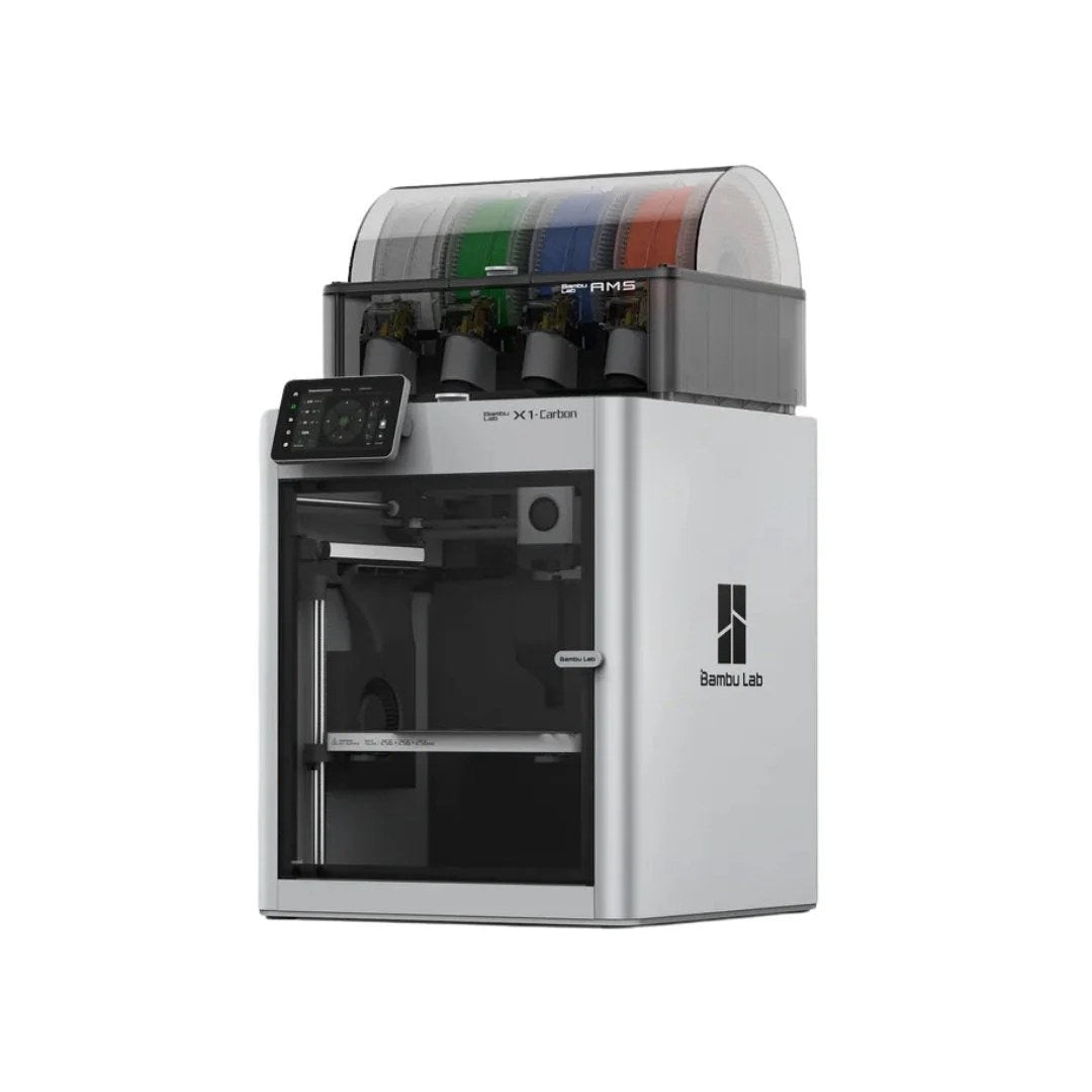Colorful Bambu Labs X1C 3D printer with multi-color filament system and sleek design for advanced 3D printing.
