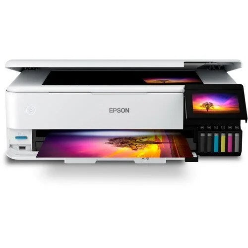 Epson EcoTank Photo ET-8550 all-in-one supertank printer with multiple paper trays and control panel, displayed on a white background.