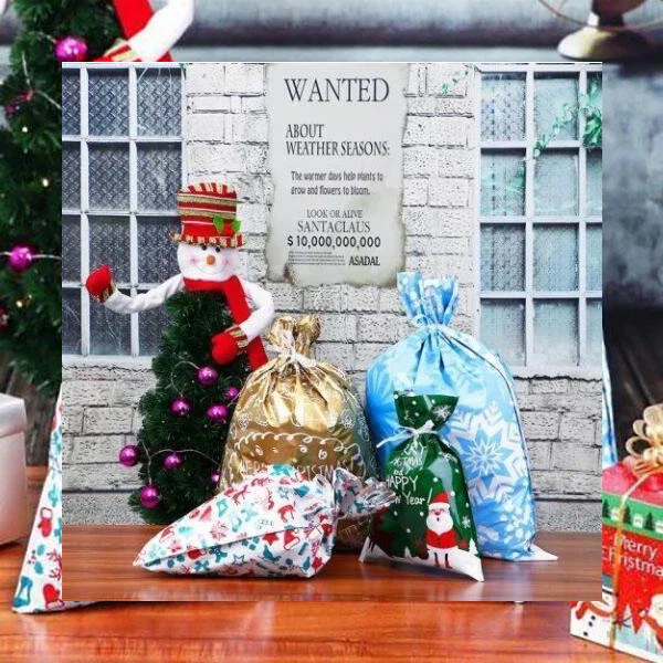 Belro drawstring Christmas gift bags for men, set of 15, featuring festive holiday-themed designs with clothing-themed patterns.