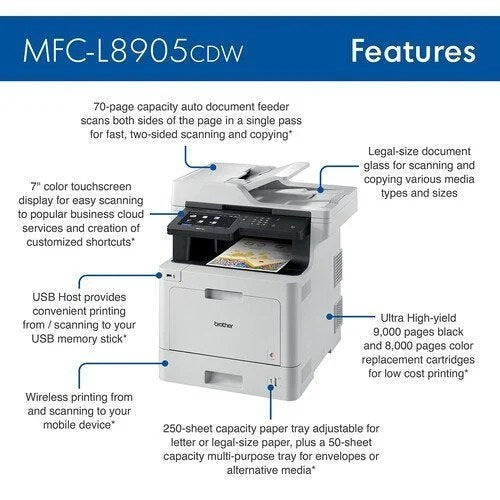 Brother MFC-L8905CDW wireless color laser printer with multiple paper trays and control panel, displayed in a modern office setting.