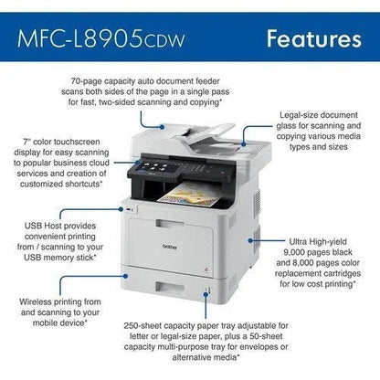 Brother MFC-L8905CDW wireless color laser printer with multiple paper trays and control panel, displayed in a modern office setting.