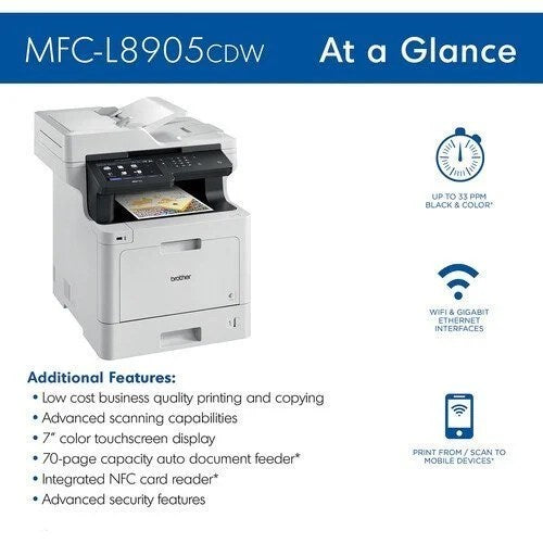 Wireless color laser printer by Casavibeo, Brother MFC-L8905CDW with multiple paper trays and control panel on front.