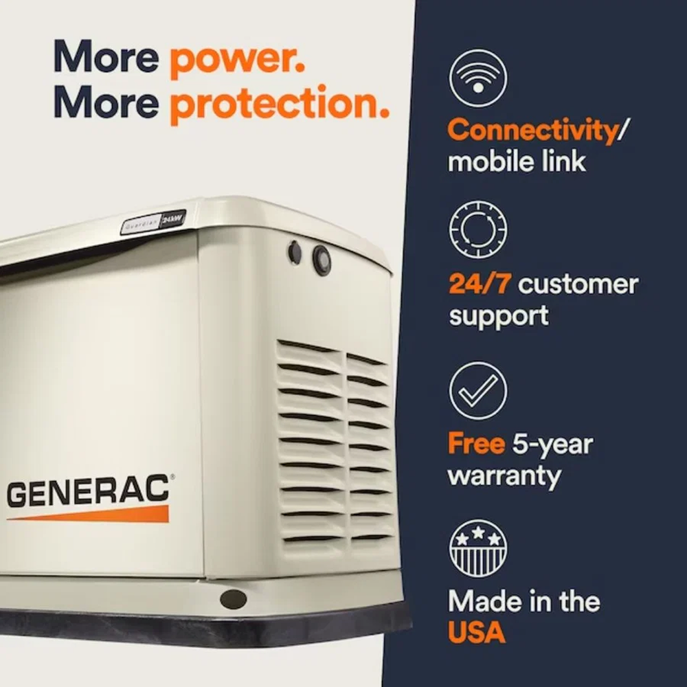 Generac 7043 22kW Air Cooled Guardian Series home standby generator with 200-Amp transfer switch, shown in outdoor installation.