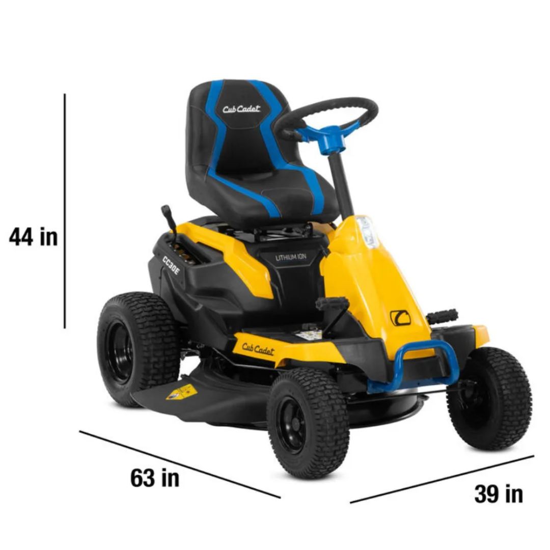 Casavibeo Cub Cadet CC30E riding lawn mower with a sleek green body and cutting deck, ready for yard cleanup.