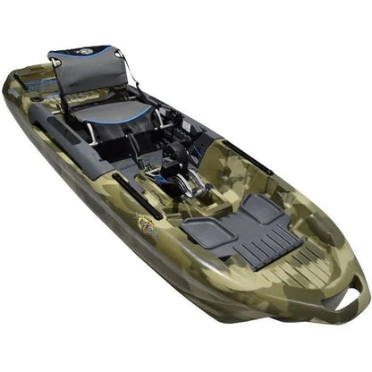 Casavibeo 3 Waters Big Fish 108 fishing kayak shown from the side with fishing gear and seating in a natural outdoor setting.