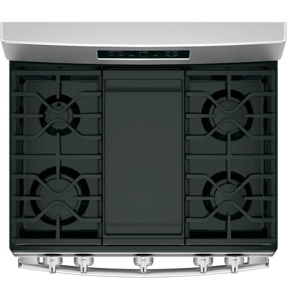 Casavibeo GE 30-inch freestanding gas range with four burners and oven, stainless steel finish, and control knobs.