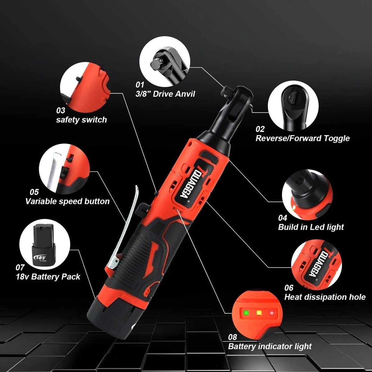 Casavibeo 18V cordless electric ratchet wrench set with two batteries and fast charger, showing the compact power tool and accessories.