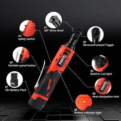 Casavibeo 18V cordless electric ratchet wrench set with two batteries and fast charger, showing the compact power tool and accessories.