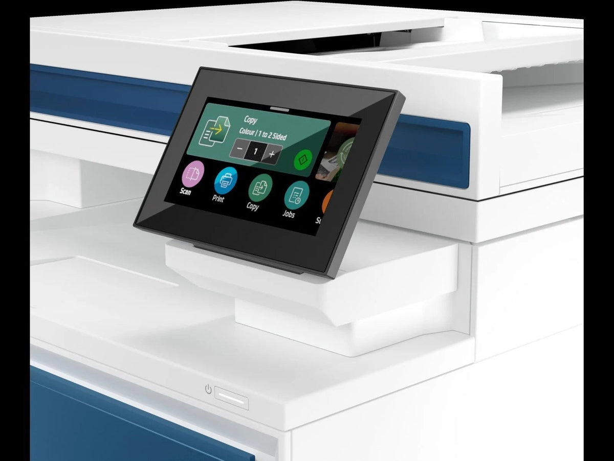Casavibeo HP Color LaserJet Pro MFP 4301fdw printer with touchscreen display and multiple paper trays on a clean desk.