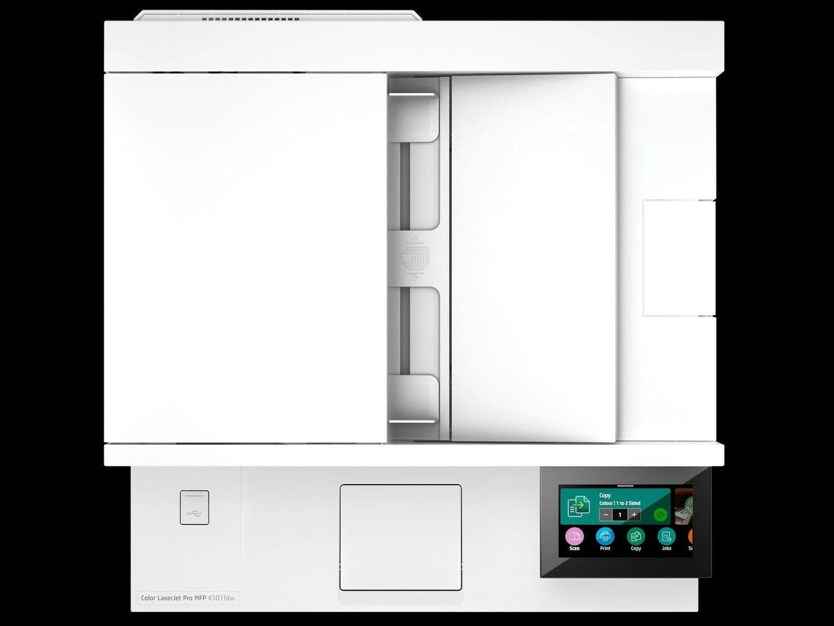 Casavibeo HP Color LaserJet Pro MFP 4301fdw printer showing control panel and paper tray in a clean office setting.