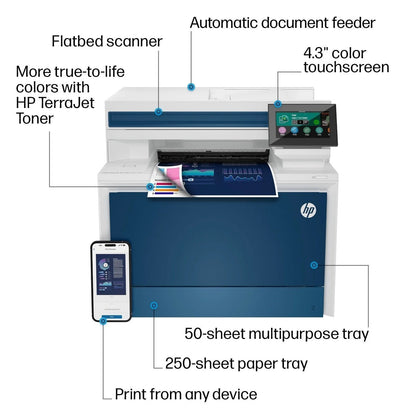 Casavibeo HP Color LaserJet Pro MFP 4301fdw printer with control panel and paper tray, in a home office setting.