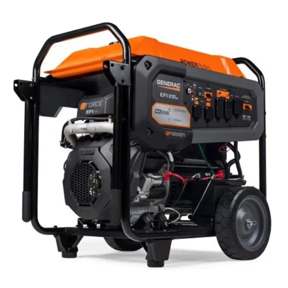 Generac GP18000EFI portable generator with electric start, COsense feature, and Casavibeo branding, showing control panel and exhaust