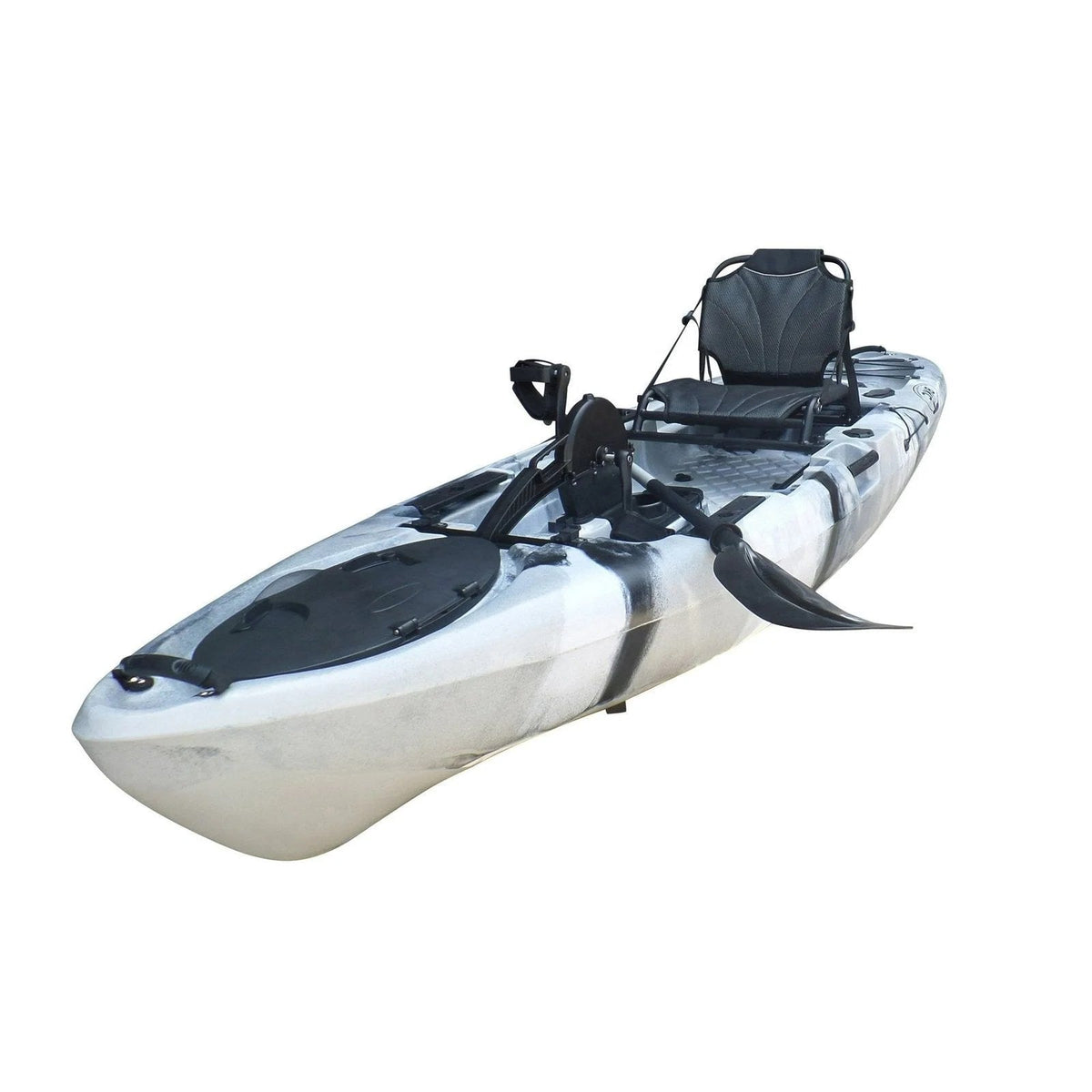 Casavibeo BKC PK11 10.6-foot single propeller pedal drive fishing kayak floating on water with seat and paddle