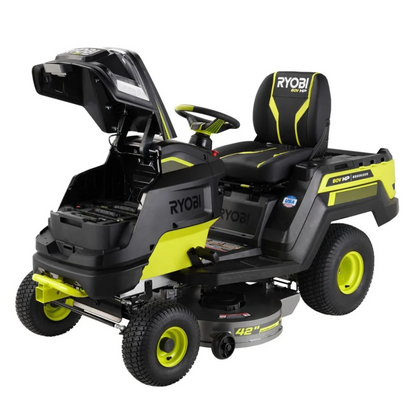 Ryobi 80V HP brushless 42-inch battery electric cordless riding lawn tractor with seat, steering wheel, and cutting deck.
