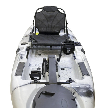 Casavibeo BKC PK11 10.6′ single propeller pedal drive fishing kayak with seat and paddle, designed for freshwater and saltwater fishing.