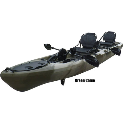 Casavibeo BKC PK14 14-foot tandem sit-on-top kayak with pedal drive and seating for two, ideal for recreational paddling.