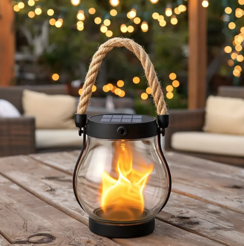 BowLift Solar Flame Garden Light, outdoor décor with magical fire seed design, illuminated mood lighting for garden or patio.