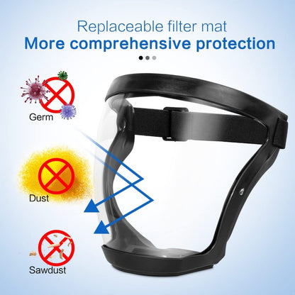 Belro Super Protective Anti-fog Face Shield showing clear, full-face coverage with adjustable headband and anti-fog lens.