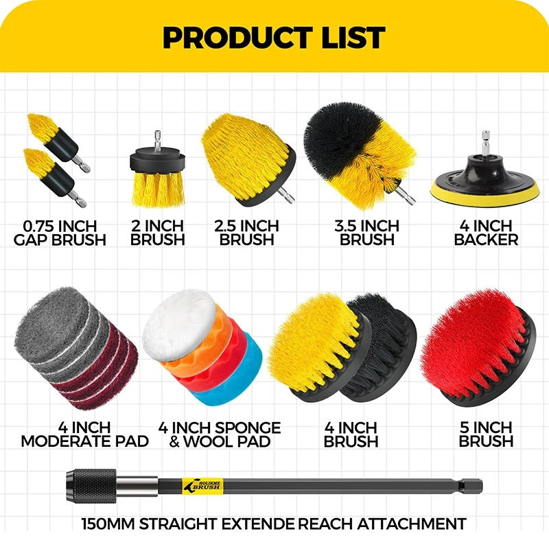 Belro Drill Brush Kit with multiple cleaning brush heads for home and garden surface cleaning, attached to a power drill.