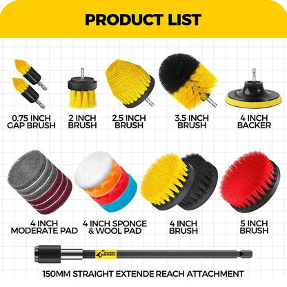 Belro Drill Brush Kit with multiple cleaning brush heads for home and garden surface cleaning, attached to a power drill.