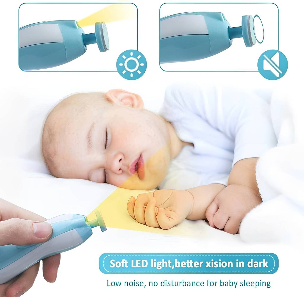 Baby Nail Trimmer for kids by Belro, showing the electric device with a gentle grinding head for safe, easy nail trimming.