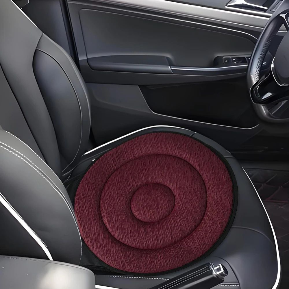 Belro Cozy 360-degree car swivel chair pad on a T-shirt, showcasing its comfortable, rotating design for vehicle seating.