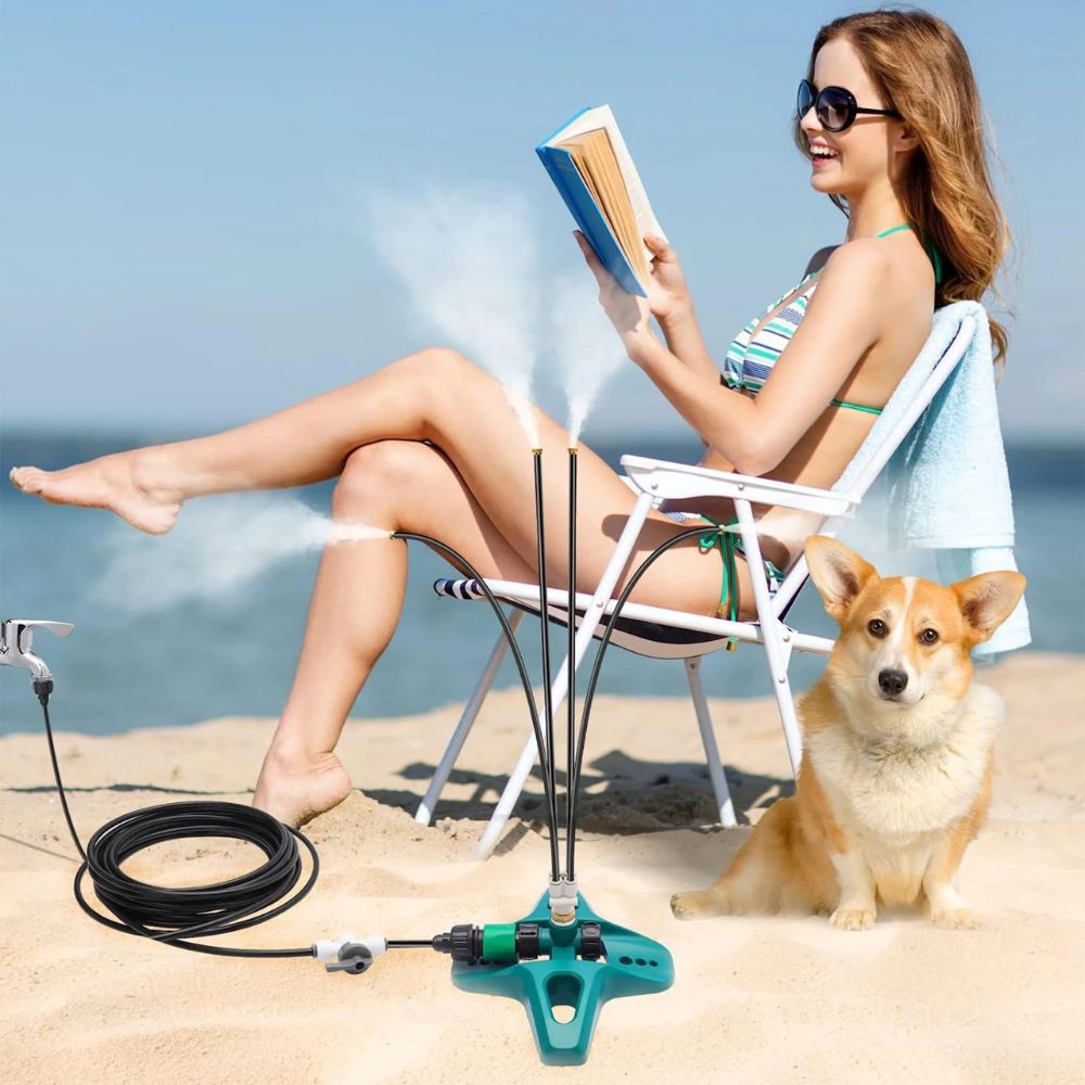 Belro freestanding outdoor patio cooling misting system with spray nozzles and metal frame for garden cooling.