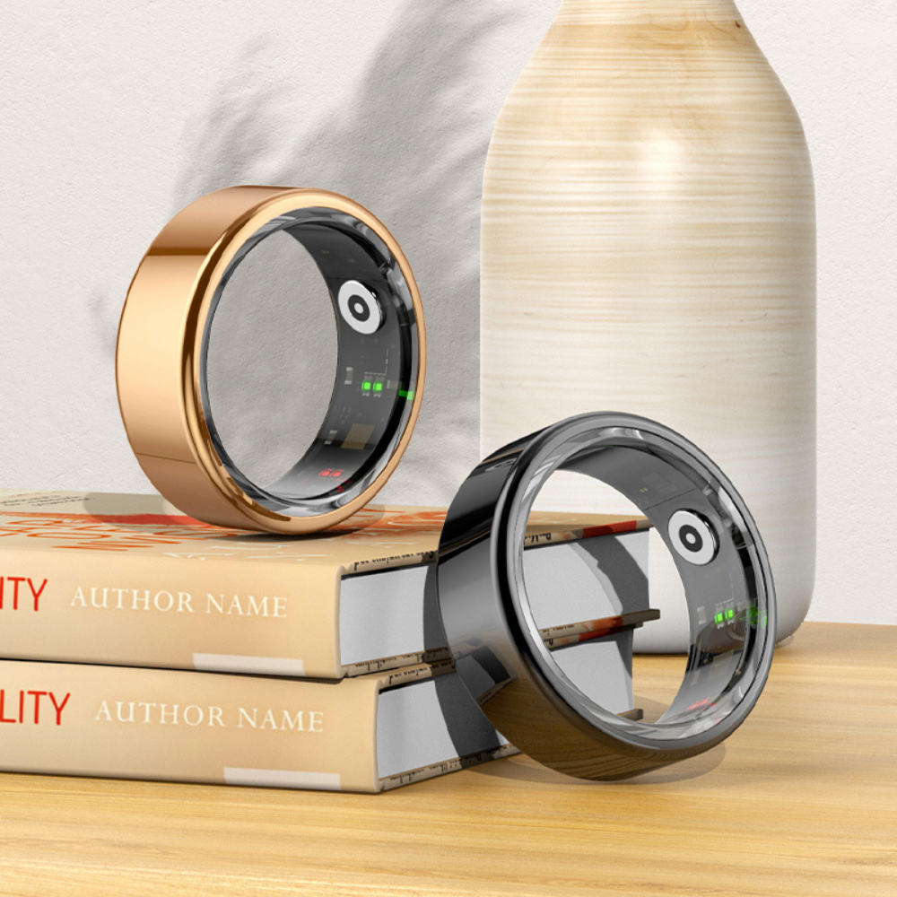 Belro smart ring for sleep and fitness tracking, shown on finger, with sleek design and electronic features visible.