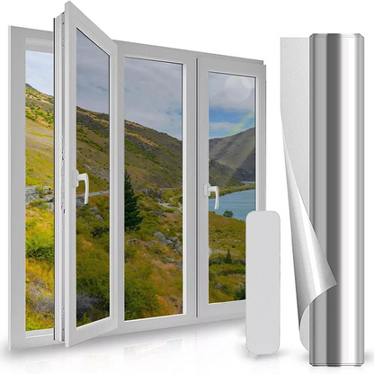 Belro reflective one-way privacy glass window insulation film applied to a window, providing privacy and energy efficiency for homes.