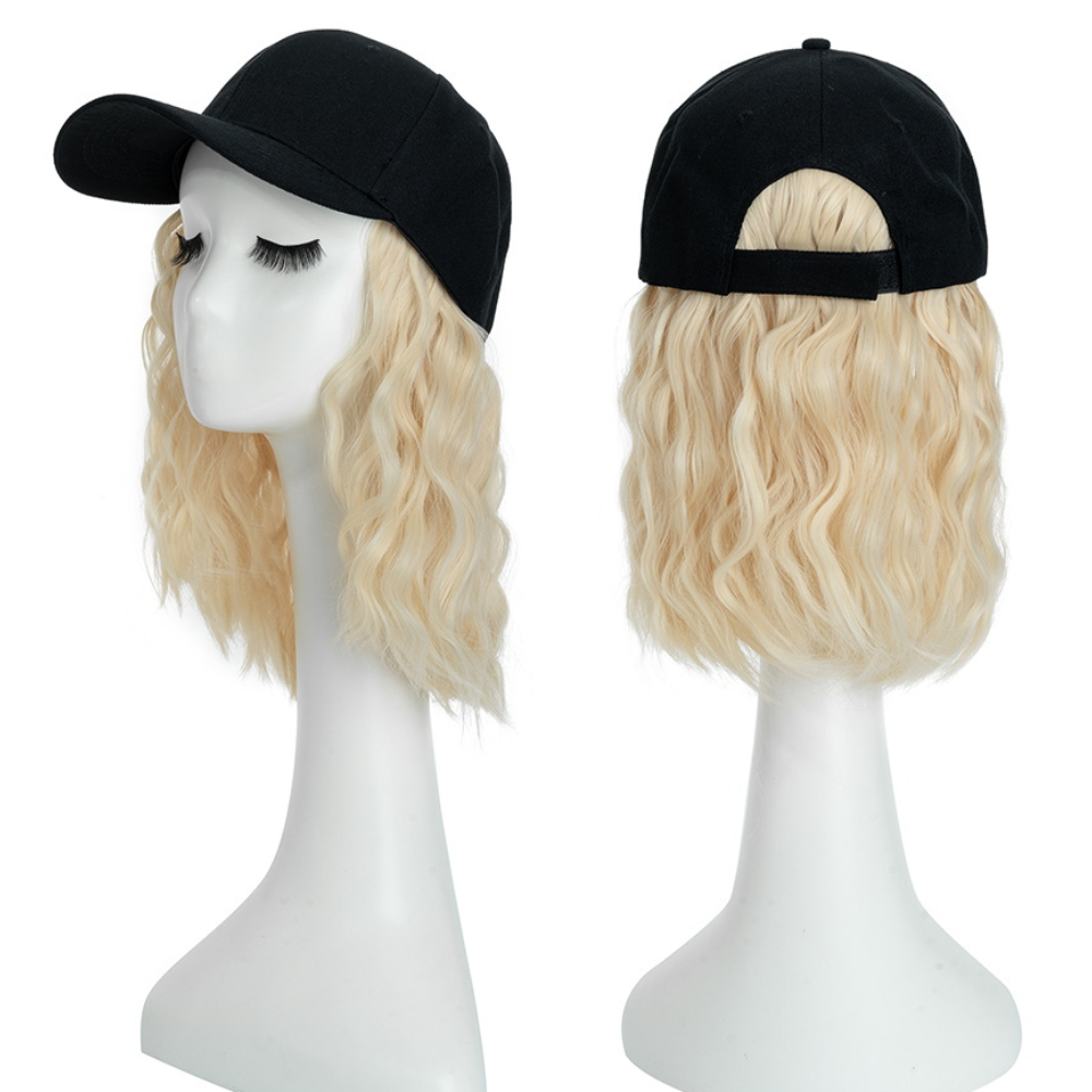 Belro heat resistant synthetic wavy wig extension attached to a baseball cap, styled as a hair accessory for versatile fashion.