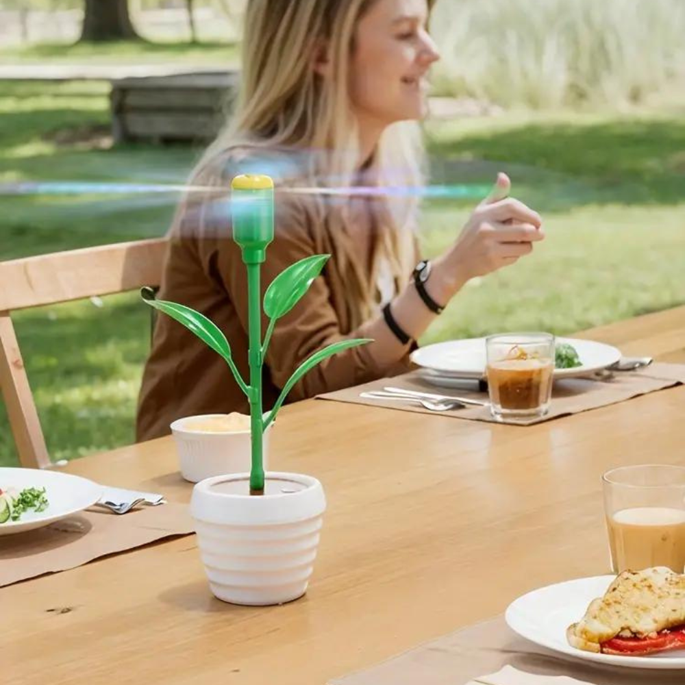 Belro tabletop fly repellent fan for outdoor pest control, showing a compact fan designed to deter flies in outdoor settings.