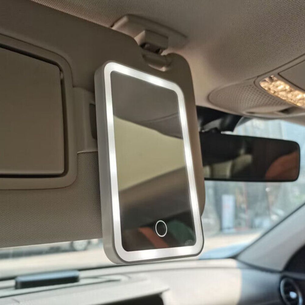 Belro Light Up LED Car Vanity Mirror Attachment for men, compact and illuminated for easy grooming and makeup on the go.