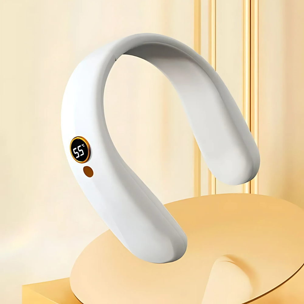 Belro portable heated neck warmer fan, stylish clothing device for warmth and comfort with adjustable heating function.