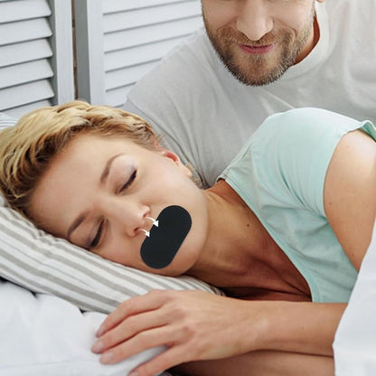 Belro breathable, hypo-allergenic anti snoring mouth tape for better sleep, shown on a sleep aid application image.