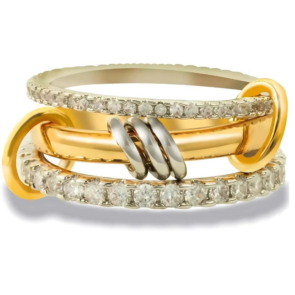 Set of trendy gold stackable rings from Belro, showcasing multiple thin gold rings stacked together as jewelry accessories.