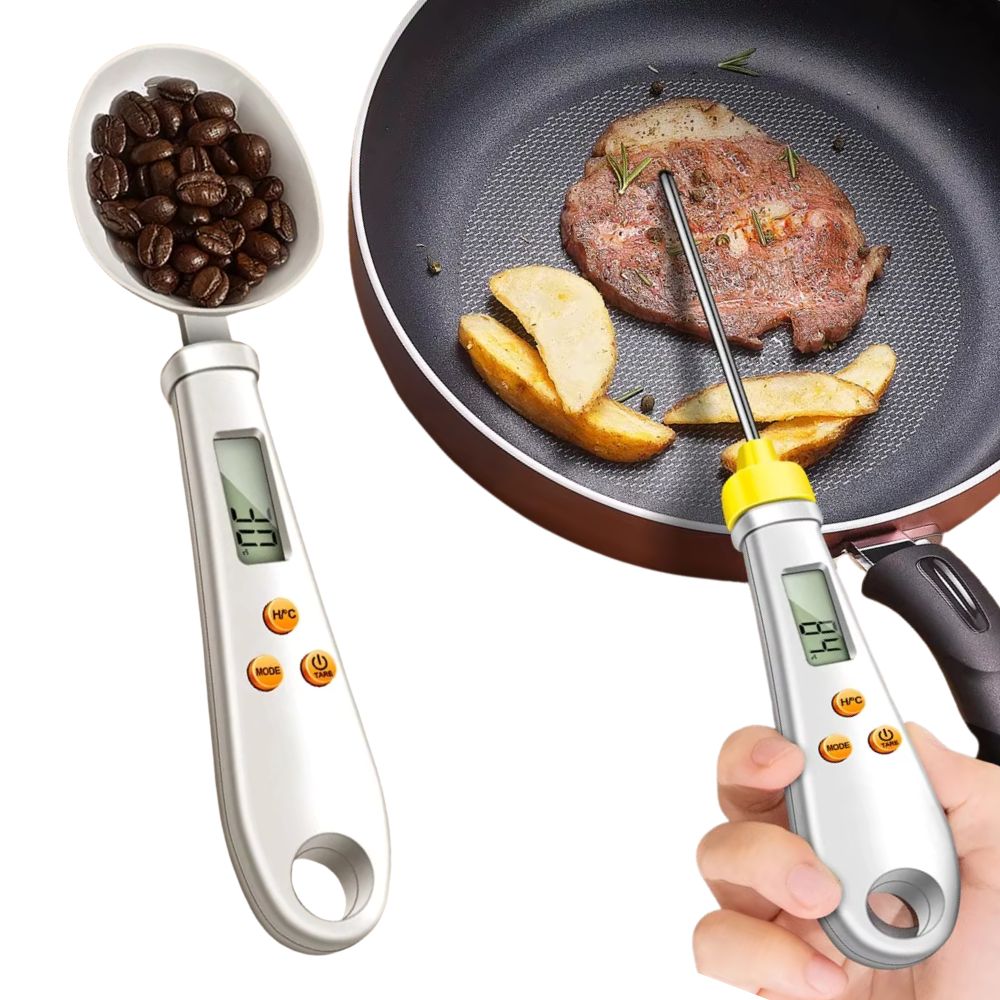 Belro 2-in-1 digital mini spoon scale and food thermometer showing digital display and stainless steel spoon for precise measurements.