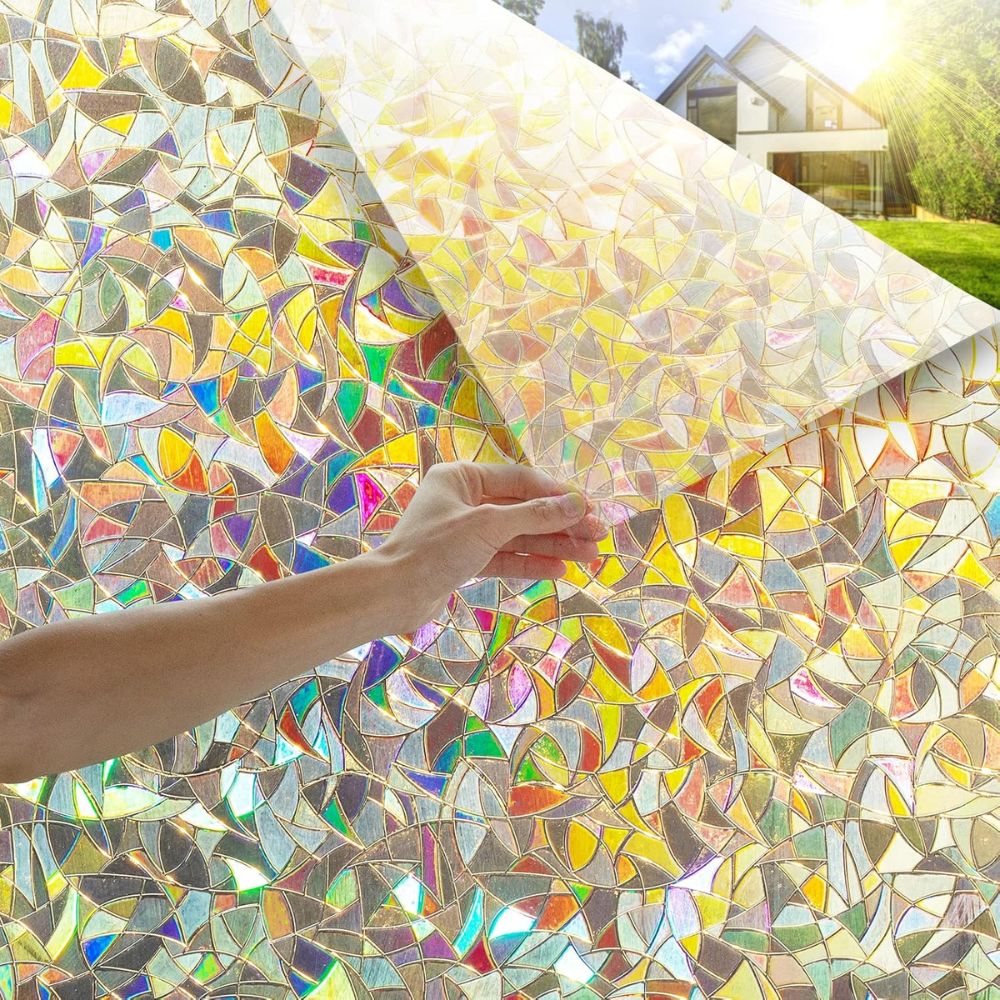 Belro decorative rainbow stained glass effect window privacy film with vibrant colors and geometric patterns.