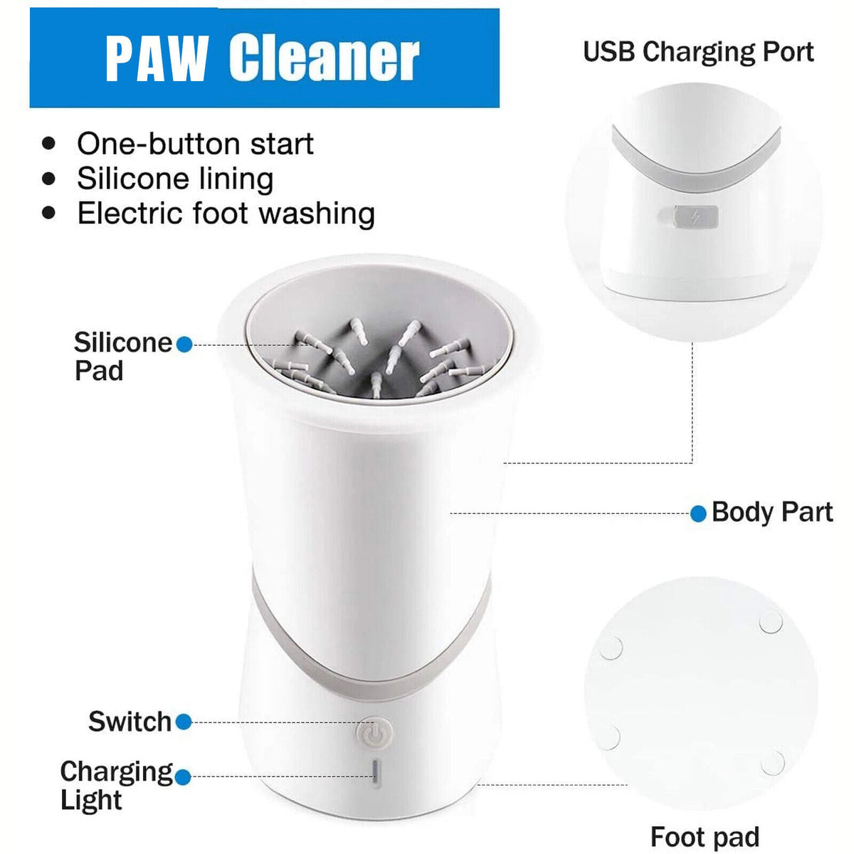 Belro automatic paw cleaner for dogs, showing the device with water and brushes to clean pet paws effectively.