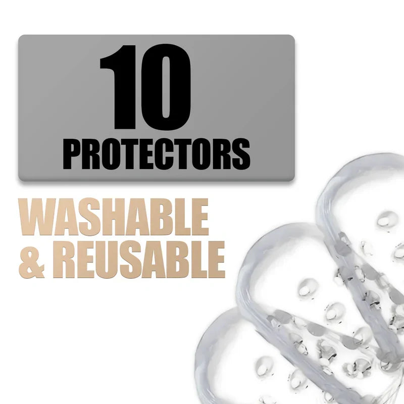 Belro silicone anti-friction toe protectors for comfort and blister prevention, shown on toes in a health and beauty setting.