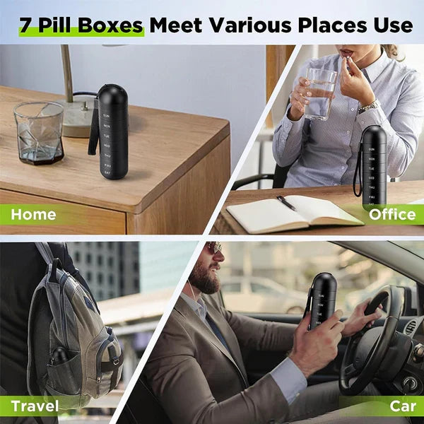 Belro aluminum 7-day portable pill organizer with compartments, ideal for travel and daily medication management.