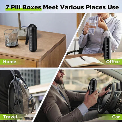 Belro aluminum 7-day portable pill organizer with compartments, ideal for travel and daily medication management.