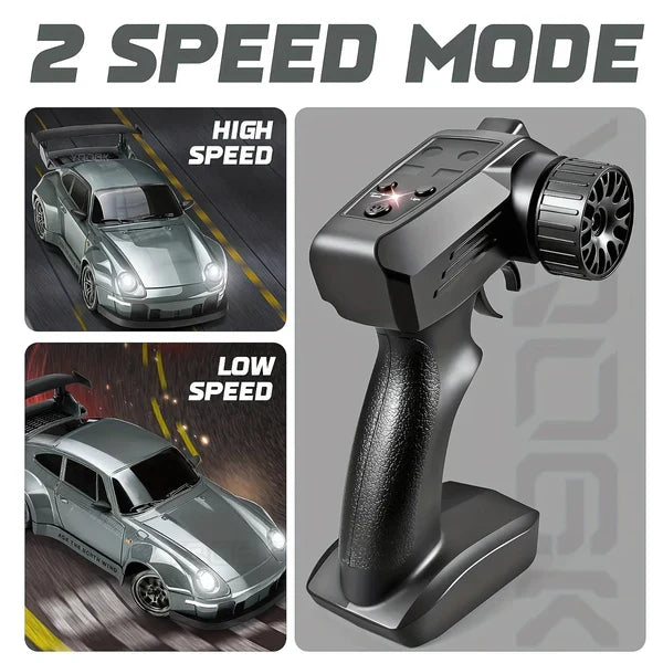Belro Retro Drift Master 4WD RC Car with LED lights, showing its colorful body and rugged tires in action.
