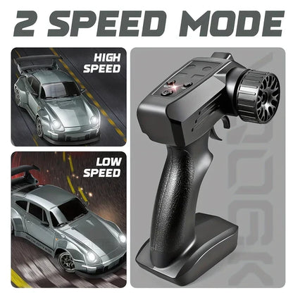 Belro Retro Drift Master 4WD RC Car with LED lights, showing its colorful body and rugged tires in action.
