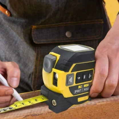 Belro 3-in-1 infrared laser tape measure showing digital display, measuring tape, and infrared sensor for precise distance measurement.