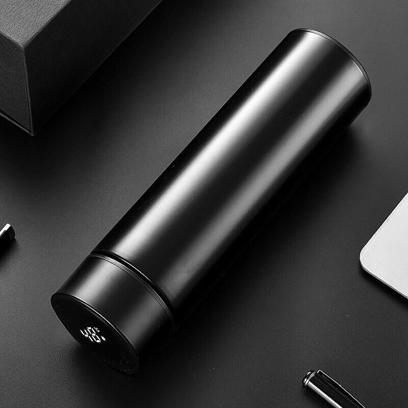 Belro LED temperature display thermos bottle showing digital readout, stainless steel body, and spill-proof lid for hot and cold drinks.