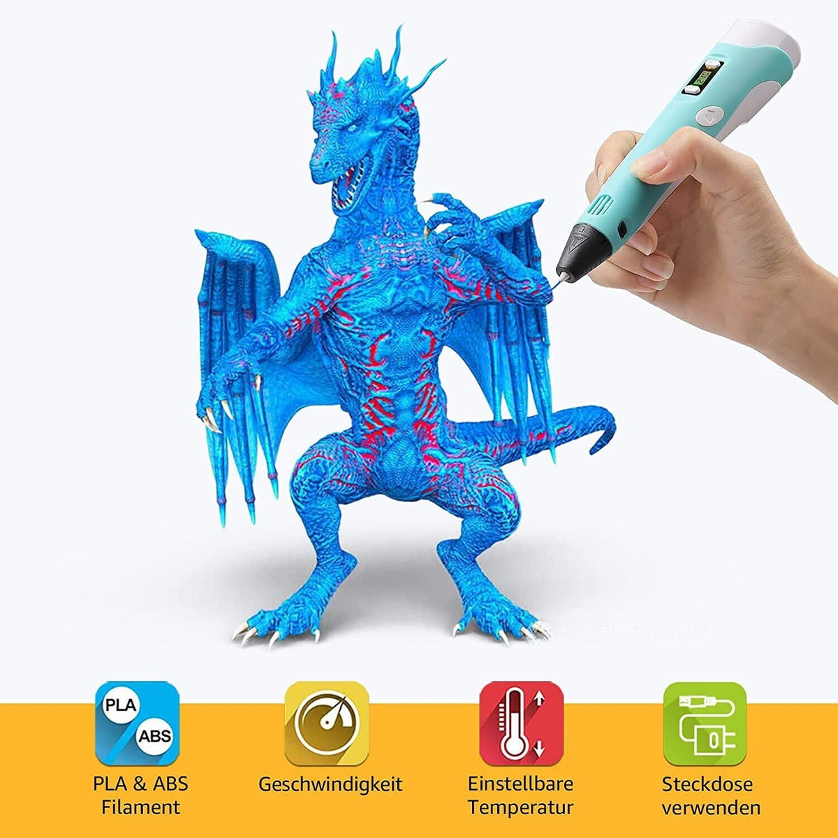 Belro Original 3D Printing Pen for electronics, showing the pen with filament extruding for 3D modeling and creative projects.