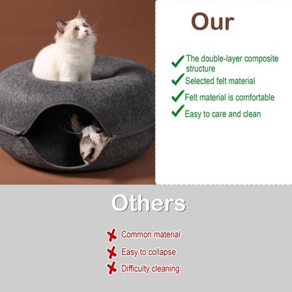 Belro Tunnel Interactive Cat Bed showing a cozy, fabric cat tunnel with playful openings, designed for feline comfort and entertainment.